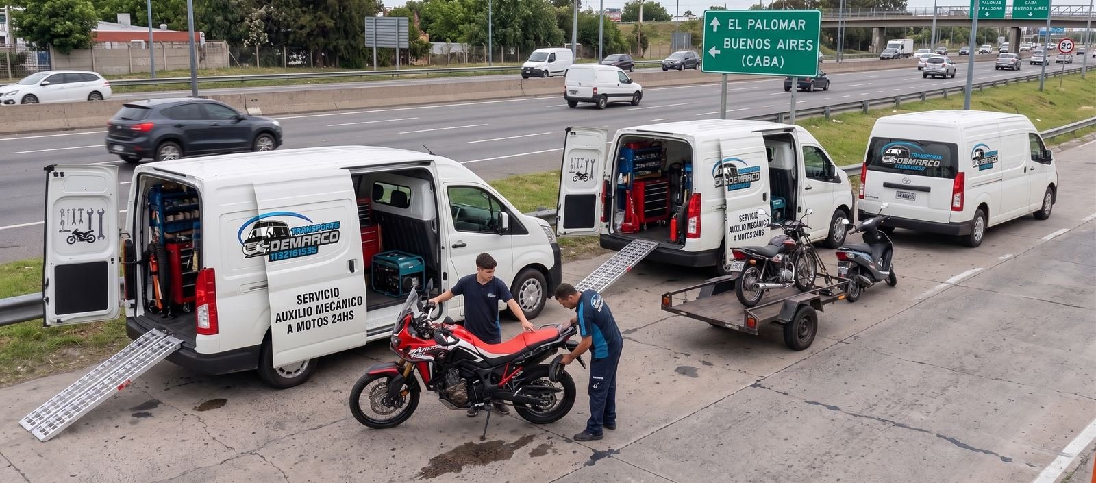 Camionetas de auxilio Demarco Transporte asistiendo motos en la ruta