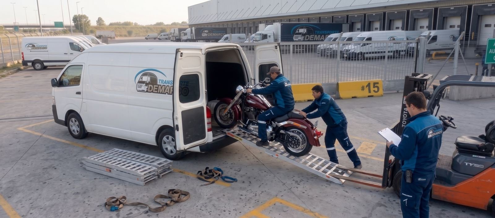 Equipo de Demarco Transporte cargando una moto en la rampa de la camioneta de auxilio