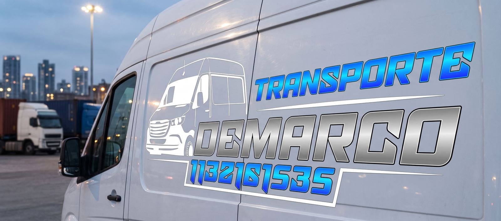 Detalle del logo de Demarco Transporte en la puerta de una camioneta